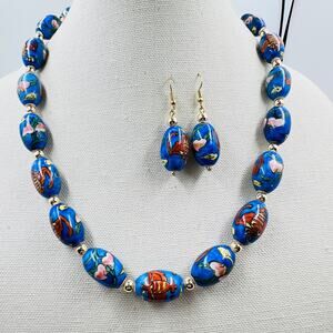 Vintage Asian Inspired Ceramic Beaded Necklace & Earrings Set Hand Painted Blue